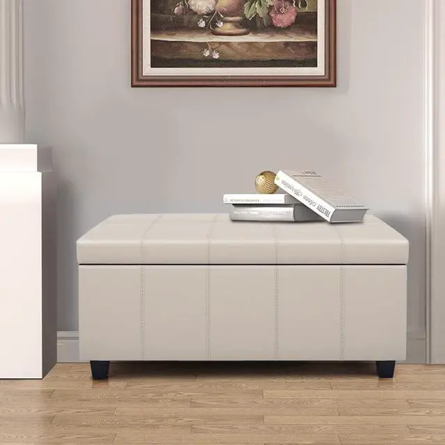 Alt view image 3 of 7 - CangLong 36 Inch Damara Lift-Top Storage Ottoman Bench with Faux-Leather Upholstery, Upholstered Foam Padded Rectangular Footstool, Easy Assemble Furniture ,Cream