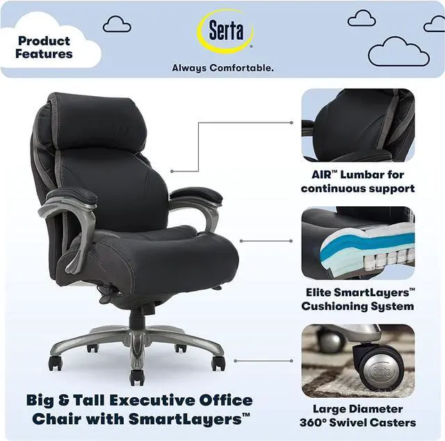 Alt view image 2 of 7 - Serta Big and Tall Executive Office Chair with AIR Technology and Smart Layers Premium Elite Foam, Supports up to 350 Pounds, Bonded Leather, Black