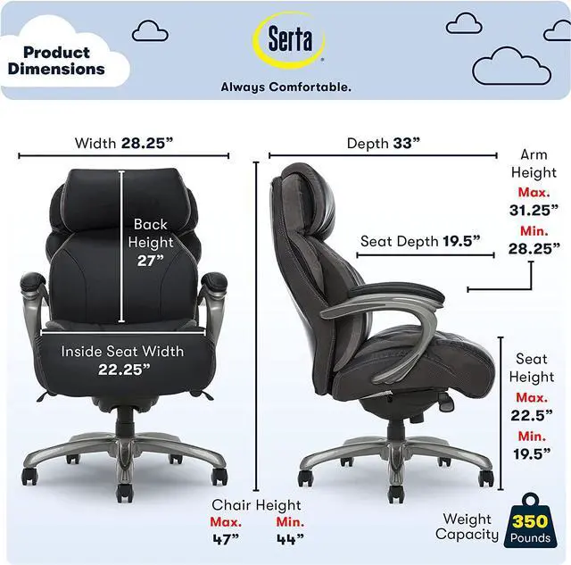 Alt view image 3 of 7 - Serta Big and Tall Executive Office Chair with AIR Technology and Smart Layers Premium Elite Foam, Supports up to 350 Pounds, Bonded Leather, Black