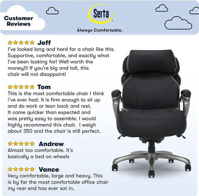 Alt view image 4 of 7 - Serta Big and Tall Executive Office Chair with AIR Technology and Smart Layers Premium Elite Foam, Supports up to 350 Pounds, Bonded Leather, Black
