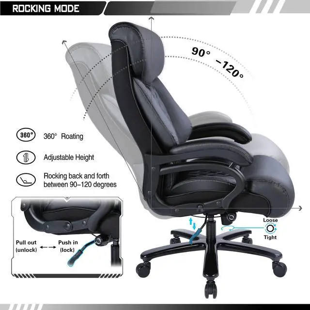 Alt view image 5 of 6 - Bowthy Big and Tall Office Chair 400lbs Heavy Duty Ergonomic Computer Desk Chair with Arms High Back Adjustable Lumbar Support 360 Swivel Task Chair Executive Leather Chair (Black)