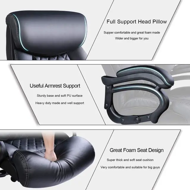 Alt view image 6 of 6 - Bowthy Big and Tall Office Chair 400lbs Heavy Duty Ergonomic Computer Desk Chair with Arms High Back Adjustable Lumbar Support 360 Swivel Task Chair Executive Leather Chair (Black)