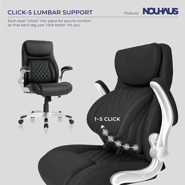 Alt view image 2 of 6 - Ergonomic PU Leather Office Chair. Click5 Lumbar Support with FlipAdjust Armrests. Modern Executive Chair and Computer Desk Chair (Black)