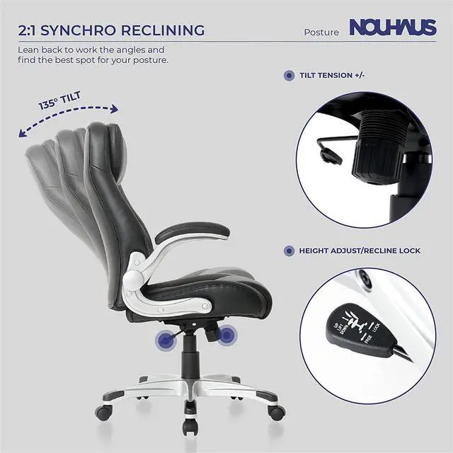 Alt view image 4 of 6 - Ergonomic PU Leather Office Chair. Click5 Lumbar Support with FlipAdjust Armrests. Modern Executive Chair and Computer Desk Chair (Black)