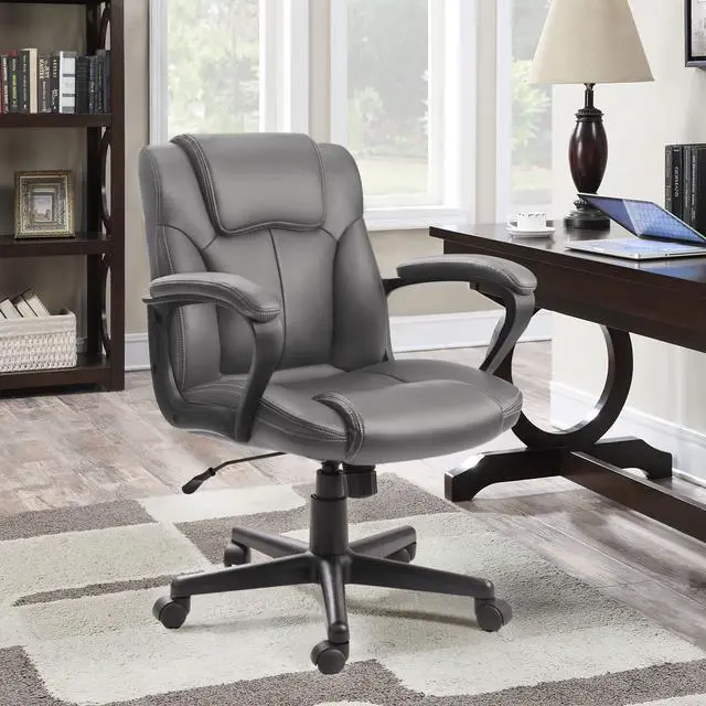 Alt view image 2 of 7 - Pawnova Executive Office Chair Mid Back Swivel Computer Task, Ergonomic Leather-Padded Desk Seats with Lumbar Support,Armrests, Grey
