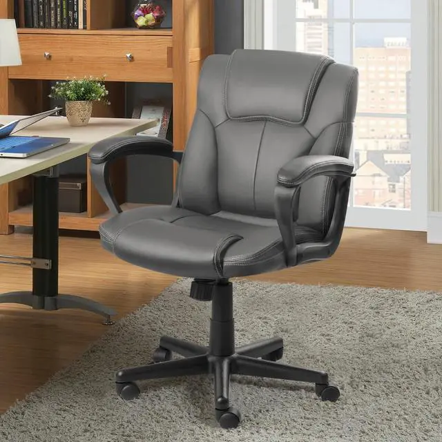 Alt view image 3 of 7 - Pawnova Executive Office Chair Mid Back Swivel Computer Task, Ergonomic Leather-Padded Desk Seats with Lumbar Support,Armrests, Grey