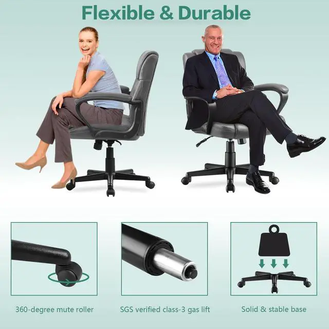 Alt view image 4 of 7 - Pawnova Executive Office Chair Mid Back Swivel Computer Task, Ergonomic Leather-Padded Desk Seats with Lumbar Support,Armrests, Grey