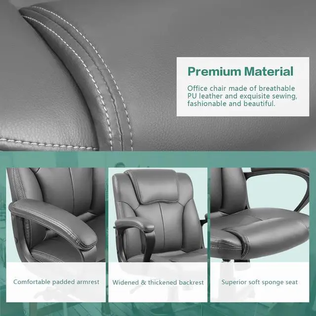 Alt view image 5 of 7 - Pawnova Executive Office Chair Mid Back Swivel Computer Task, Ergonomic Leather-Padded Desk Seats with Lumbar Support,Armrests, Grey