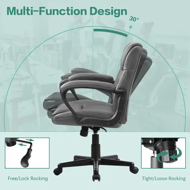 Alt view image 6 of 7 - Pawnova Executive Office Chair Mid Back Swivel Computer Task, Ergonomic Leather-Padded Desk Seats with Lumbar Support,Armrests, Grey