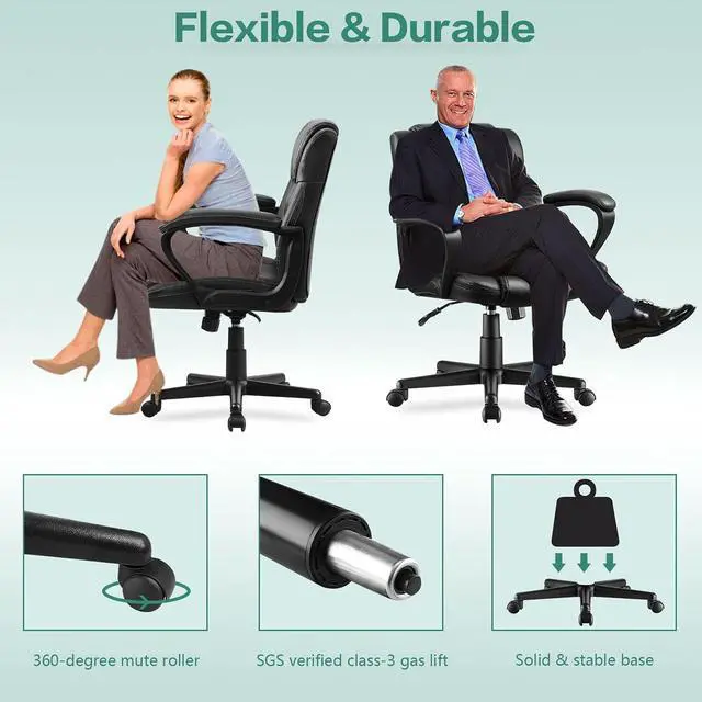 Alt view image 4 of 7 - Pawnova Executive Office Chair Mid Back Swivel Computer Task, Ergonomic Leather-Padded Desk Seats with Lumbar Support,Armrests, Black