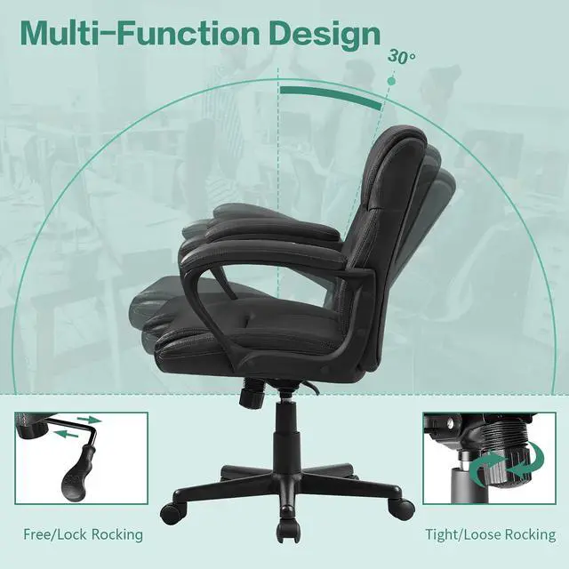 Alt view image 6 of 7 - Pawnova Executive Office Chair Mid Back Swivel Computer Task, Ergonomic Leather-Padded Desk Seats with Lumbar Support,Armrests, Black