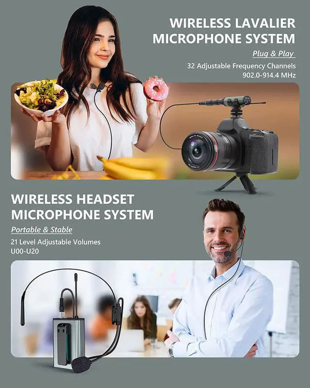Alt view image 3 of 7 - Wireless Microphone System Headset Mic/Stand Mic/Lavalier Lapel Mic with Rechargeable Bodypack Transmitter & Receiver 1/4" Output for iPhone, PA Speaker, DSLR Camera, Recording, Teaching, Church, Vlog