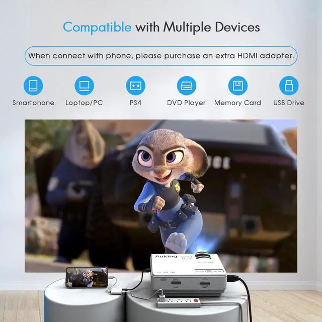 Alt view image 5 of 7 - AuKing Mini Projector 2022 Upgraded Portable Video-Projector,55000 Hours Multimedia Home Theater Movie Projector,Compatible with Full HD 1080P HDMI,VGA,USB,AV,Laptop,Smartphone