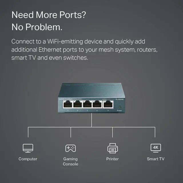 Alt view image 4 of 7 - TP-Link TL-SG105 | 5 Port Gigabit Unmanaged Ethernet Network Switch, Ethernet Splitter | Plug & Play | Fanless Metal Design | Shielded Ports | Traffic Optimization | Limited Lifetime Protection