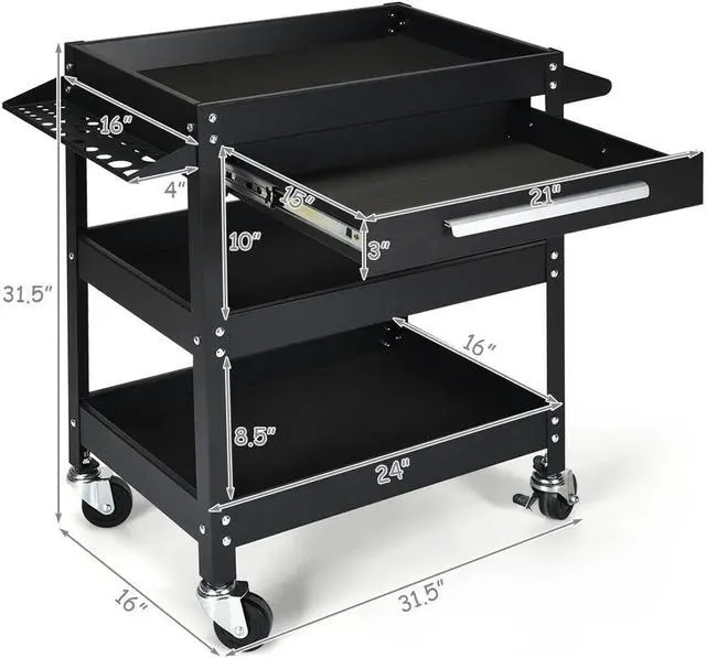 Alt view image 2 of 5 - IRONMAX Three Tray Tool Cart Organizer Rolling Utility Decker w/Drawer Black