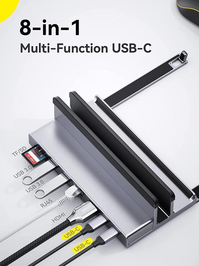 Alt view image 2 of 7 - USB C Docking Station for Laptop, 8 in 1 USB C Dock with Vertical Laptop Stand, 4K 60Hz HDMI Output, 1Gbps Ethernet, 5Gbps Data, PD 3.0 & 10Gbps USB-C, TF/SD, Compatibility MacBook Pro/Air Dell HP