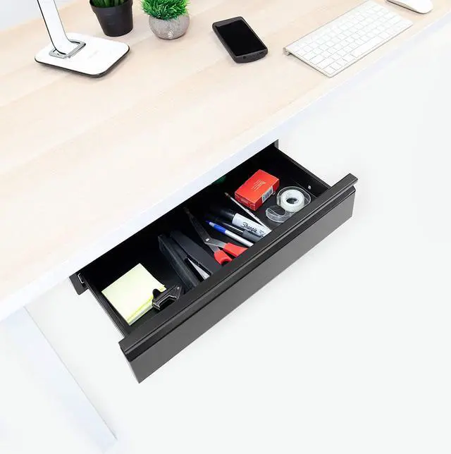 Alt view image 2 of 7 - Under Desk Pull-Out Drawer Kit with Smooth Sliding Track | Office Storage Organizer | Mounts to Desktops Tables and Workbenches Over 0.71 Inches Thick | Matte Black