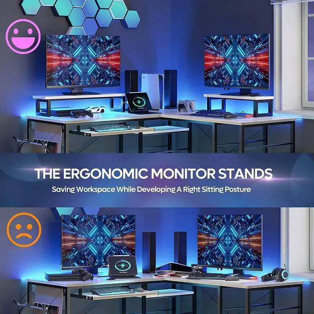Alt view image 5 of 7 - Bestier L Shaped Office Desk with Led Light 95.2 Inch Gaming Corner Desk or 2 Person Long Table with Shelves Monitor Stand and Keyboard Tray for Home Office, White Wash