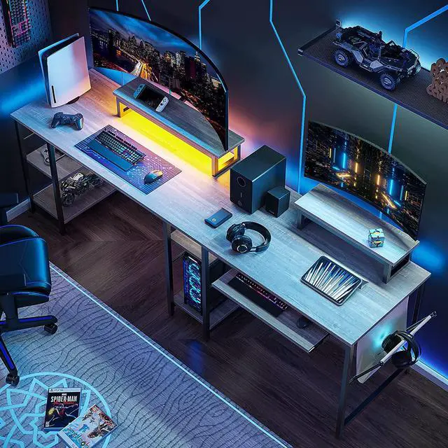 Alt view image 2 of 7 - Bestier L Shaped Office Desk with Led Light 95.2 Inch Gaming Corner Desk or 2 Person Long Table with Shelves Monitor Stand and Keyboard Tray for Home Office, White Wash