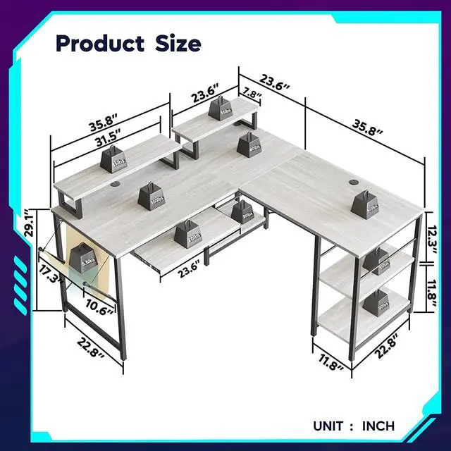 Alt view image 7 of 7 - Bestier L Shaped Office Desk with Led Light 95.2 Inch Gaming Corner Desk or 2 Person Long Table with Shelves Monitor Stand and Keyboard Tray for Home Office, White Wash