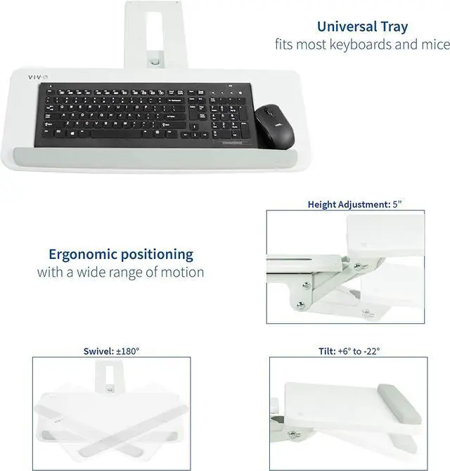 Alt view image 3 of 7 - Adjustable Computer Keyboard and Mouse Platform Tray Ergonomic Under Table Desk Mount Drawer Underdesk Shelf, White, MOUNT-KB03W