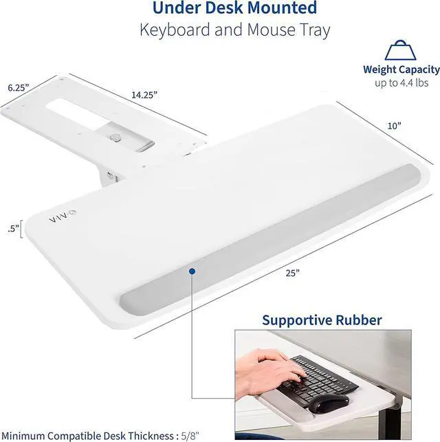Alt view image 2 of 7 - Adjustable Computer Keyboard and Mouse Platform Tray Ergonomic Under Table Desk Mount Drawer Underdesk Shelf, White, MOUNT-KB03W
