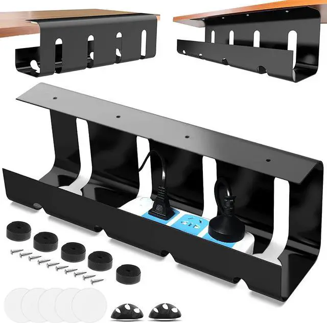Main image of Under Desk Cable Management Tray, No Drill 2 x 15.7 in Steel Desk Cable Management Tray with Wire Organizer and Desk Cord Organizer, 2Pack Under Desk Black Cable Raceway for Cords