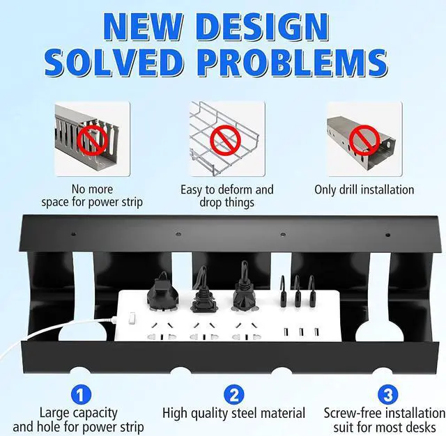 Alt view image 4 of 7 - Under Desk Cable Management Tray, No Drill 2 x 15.7 in Steel Desk Cable Management Tray with Wire Organizer and Desk Cord Organizer, 2Pack Under Desk Black Cable Raceway for Cords