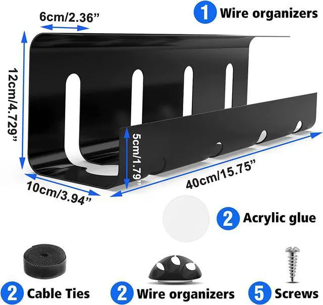Alt view image 6 of 7 - Under Desk Cable Management Tray, No Drill 2 x 15.7 in Steel Desk Cable Management Tray with Wire Organizer and Desk Cord Organizer, 2Pack Under Desk Black Cable Raceway for Cords