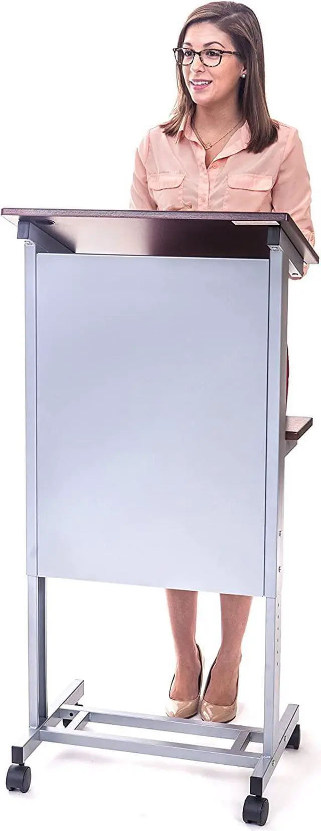 Main image of Stand Up Desk Store Mobile Adjustable Height Rolling Lectern Podium with Heavy Duty Steel Frame (Silver Frame/Dark Walnut Shelves, 25.5" Wide)