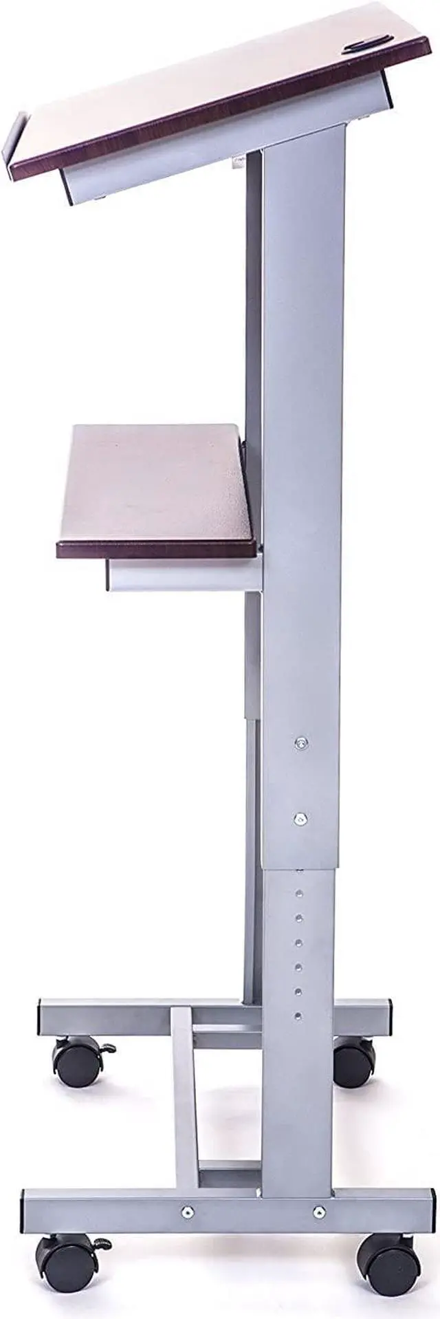 Alt view image 3 of 7 - Stand Up Desk Store Mobile Adjustable Height Rolling Lectern Podium with Heavy Duty Steel Frame (Silver Frame/Dark Walnut Shelves, 25.5" Wide)