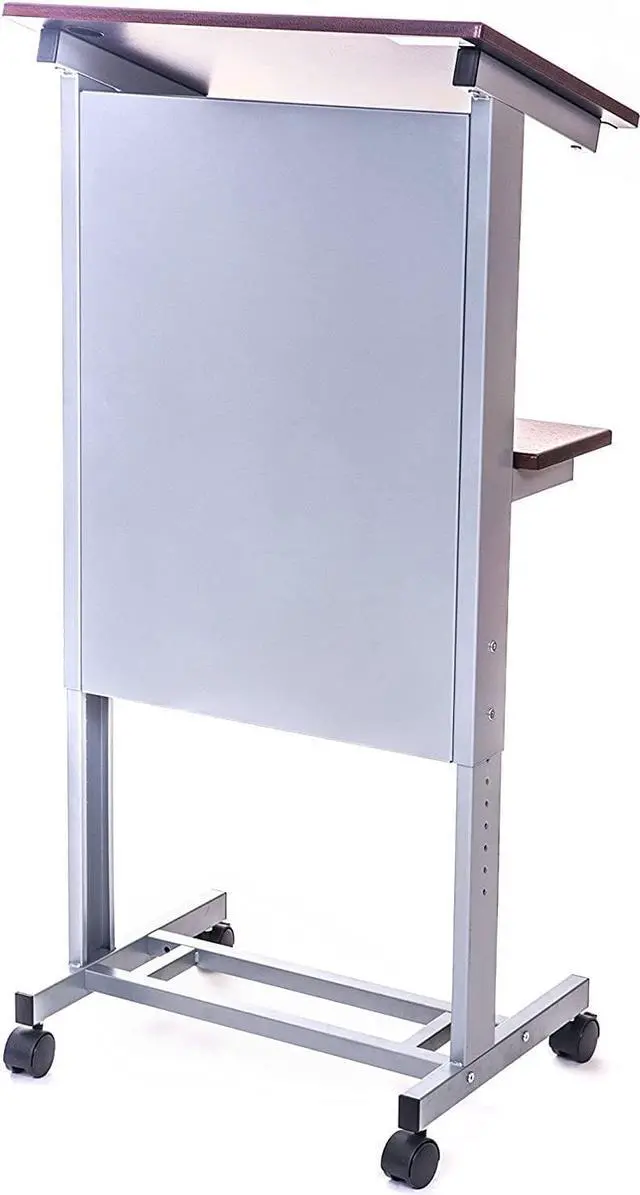 Alt view image 4 of 7 - Stand Up Desk Store Mobile Adjustable Height Rolling Lectern Podium with Heavy Duty Steel Frame (Silver Frame/Dark Walnut Shelves, 25.5" Wide)
