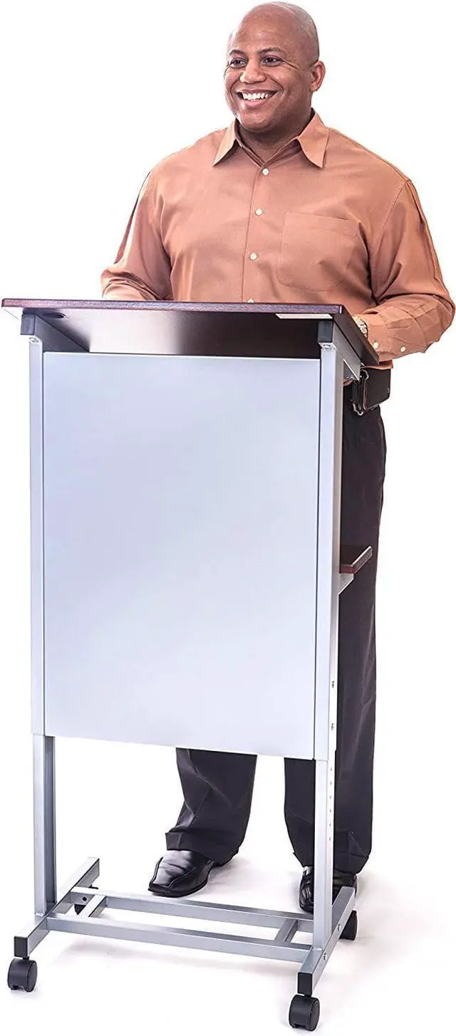 Alt view image 2 of 7 - Stand Up Desk Store Mobile Adjustable Height Rolling Lectern Podium with Heavy Duty Steel Frame (Silver Frame/Dark Walnut Shelves, 25.5" Wide)