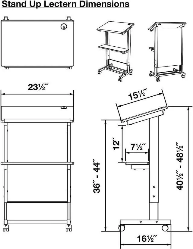 Alt view image 7 of 7 - Stand Up Desk Store Mobile Adjustable Height Rolling Lectern Podium with Heavy Duty Steel Frame (Silver Frame/Dark Walnut Shelves, 25.5" Wide)