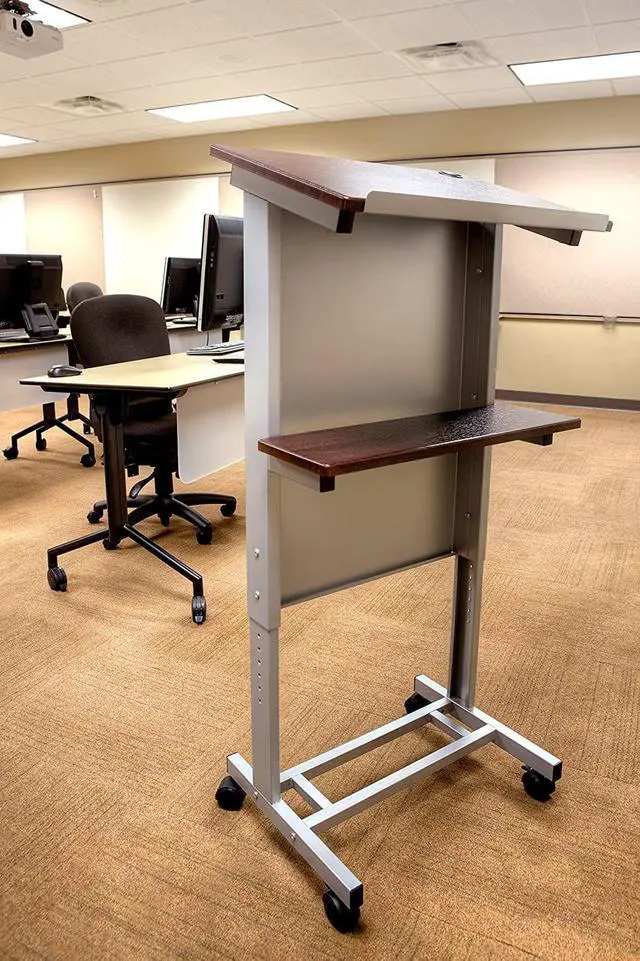 Alt view image 5 of 7 - Stand Up Desk Store Mobile Adjustable Height Rolling Lectern Podium with Heavy Duty Steel Frame (Silver Frame/Dark Walnut Shelves, 25.5" Wide)