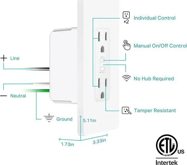 Alt view image 3 of 7 - Kasa Smart Plug KP200, In-Wall Smart Home Wi-Fi Outlet Works with Alexa, Google Home & IFTTT, No Hub Required, Remote Control, ETL Certified , White, 1 Pack