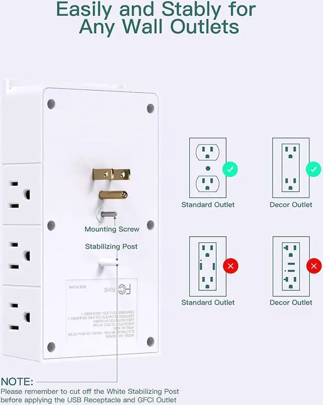 Alt view image 5 of 7 - Multi Plug Outlet - Addtam Surge Protector Wall Mount with 12 Outlet Extender- 3 Sides and 3 USB Ports (1 USB-C), Outlet Splitter Power Strip for Home, Office, Hotel, White