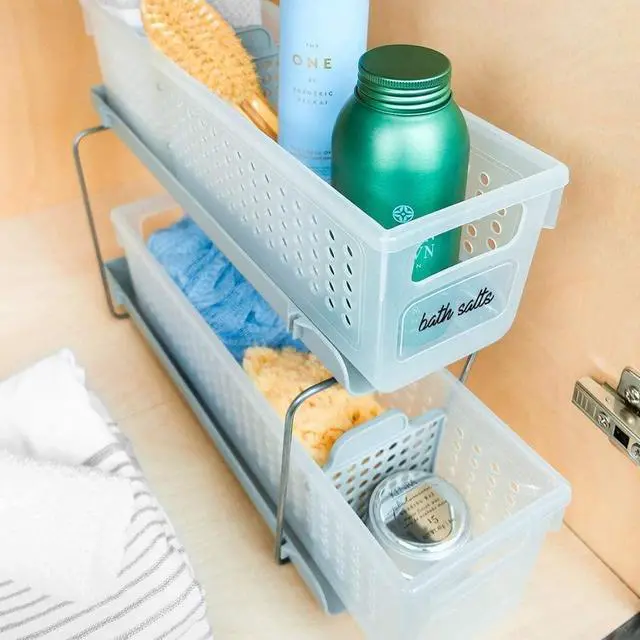 Alt view image 3 of 5 - madesmart 2-Tier Organizer Bath Collection Slide-out Baskets with Handles, Space Saving, Multi-purpose Storage & BPA-Free, Mini, Frost-With Dividers