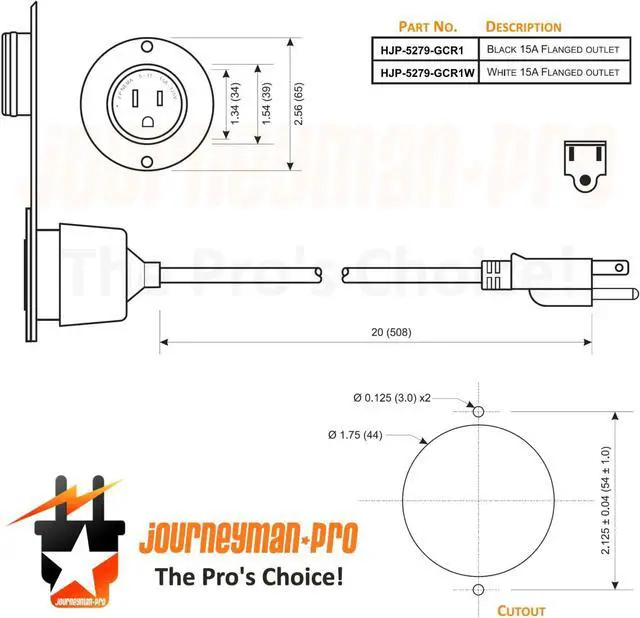 Alt view image 4 of 6 - 15A Weatherproof Outdoor Power Outlet by Journeyman-Pro 15 Amp 125 Volt NEMA 5-15R Receptacle Kit with Integrated 20" Extension Cord + Waterproof Rubber Cover (GCR1-BLACK)