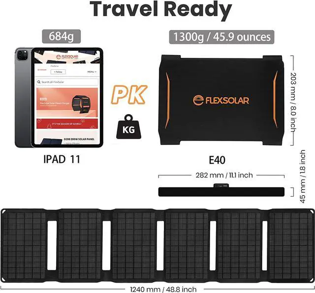 Alt view image 2 of 7 - FlexSolar 40W Portable Solar Charger, Foldable QC3.0 USB-C DC Output Ports Solar Panel Charger for Camping IP67 Waterproof Compatible with iPhone 13/12/11/Xs/X/8/7,iPad,Samsung Galaxy LG etc
