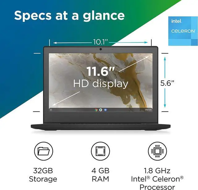 Alt view image 6 of 7 - Lenovo IdeaPad 3 11 Chromebook Laptop, 11.6" HD Display, Intel Celeron N4020, 4GB RAM, 64GB Storage, Intel UHD Graphics 600, Chrome OS, Onyx Black
