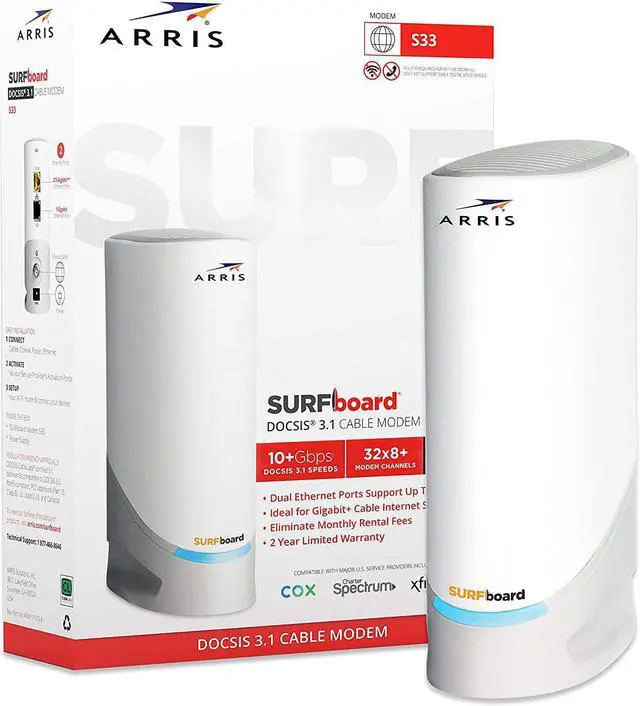 Main image of ARRIS Surfboard S33 DOCSIS 3.1 Multi-Gigabit Cable Modem | Approved for Comcast Xfinity, Cox, Spectrum & More | 1 & 2.5 Gbps Ports | 2.5 Gbps Max Internet Speeds | 4 OFDM Channels