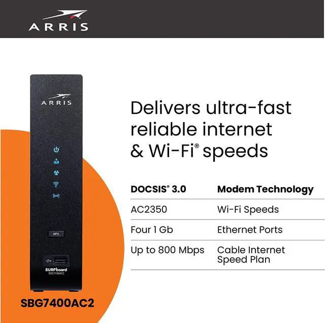 Alt view image 4 of 7 - ARRIS SURFboard SBG7400AC2 DOCSIS 3.0 Cable Modem & AC2350 Wi-Fi Router | Approved for Comcast Xfinity, Cox, Charter Spectrum & more | Four 1 Gbps Ports | 800 Mbps Max Internet Speeds 2 Year Warranty