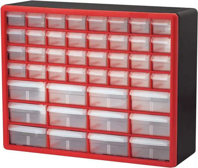 Main image of 10144, 44 Drawer Plastic Parts Storage Hardware and Craft Cabinet, 20-Inch W x 6-Inch D x 16-Inch H, Red