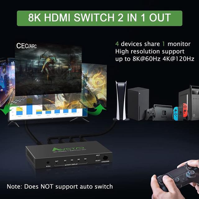 8K 60Hz HDMI 2.1 Switch 4x1 4K 120Hz 48Gbps,HDCP 2.3,ARC,VRR,CEC,HDMI  Switcher 4 in 1 Out,4 Port HDMI Selector,IR Remote,3D,HDR 10,Dolby  Atmos,for QLED TV,PS5,Xbox,Fire Stick,Roku,Blu Ray,Projector 