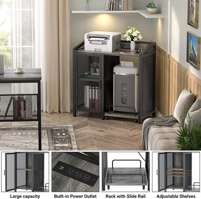 Alt view image 2 of 6 - Unikito Office File Cabinets for Home Office with Power Outlet and Door, Large Printer Stand and Paper Shredder Stand Rack with File Cabinet, Modern Printer Cabinet, Office Storage Cabinet, Black Oak