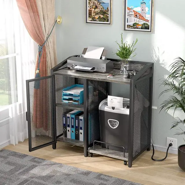 Alt view image 4 of 6 - Unikito Office File Cabinets for Home Office with Power Outlet and Door, Large Printer Stand and Paper Shredder Stand Rack with File Cabinet, Modern Printer Cabinet, Office Storage Cabinet, Black Oak