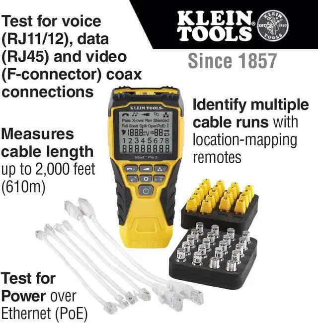 Alt view image 2 of 7 - Klein Tools VDV501-852 Cable Tester with Remote, VDV Scout Pro 3 Test Kit Locates and Tests Voice, Data and Video Cables