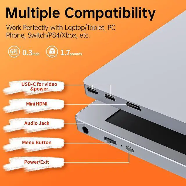 Alt view image 3 of 7 - Portable Monitor15.6 inch 1080P FHD HDR USB-C Portable Screen Dual Type-C Mini HDMI IPS FreeSync Computer Display with Speakers for Laptop PC Mac Surface Xbox Switch PS4/5 with Smart Cover