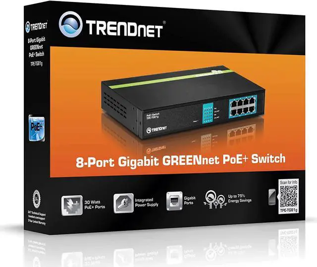 Alt view image 7 of 7 - TRENDnet 8-Port Gigabit GREENnet PoE+ Switch, TPE-TG81g, 8 x Gigabit PoE+ Ports, Rack Mountable, Up to 30 W Per Port with 110 W Total Power Budget, Ethernet Network Switch, Metal, Lifetime Protection